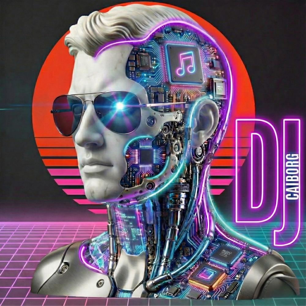 DJ CAIborg, a marble cyborg in sunglasses with neon circuitry